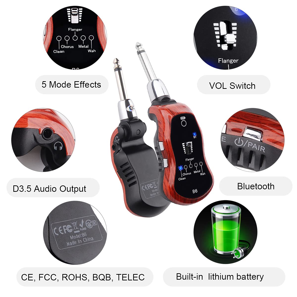Kithouse B6 Guitar Headphone Amp Mini Plug Guitar Amplifier Bluetooth Receiver Rechargeable For Electric Travel Pocket Guitar Wi